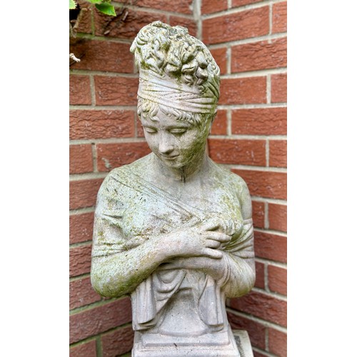 4 - A reconstituted stone figure of a female bust on a plinth. 122cm h.