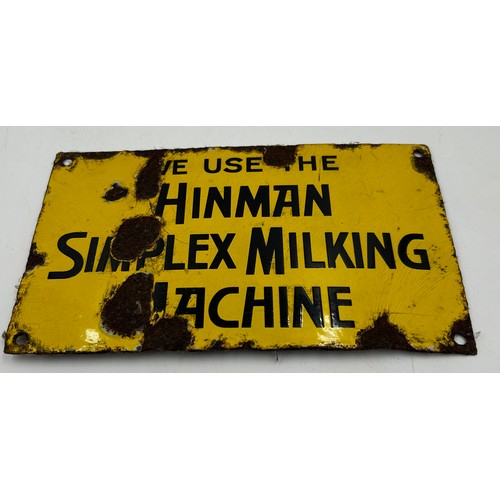 1442 - An enamelled advertising sign inscribed, 'We Use The Hinman Simplex Milking Machine'. Approx. 25cm x... 