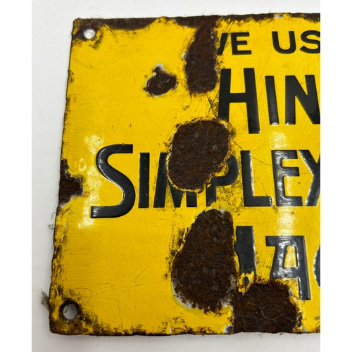 1442 - An enamelled advertising sign inscribed, 'We Use The Hinman Simplex Milking Machine'. Approx. 25cm x... 