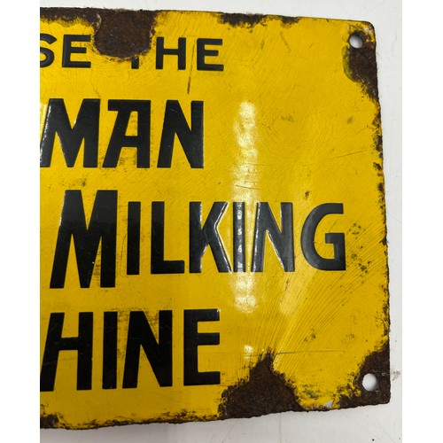 1442 - An enamelled advertising sign inscribed, 'We Use The Hinman Simplex Milking Machine'. Approx. 25cm x... 