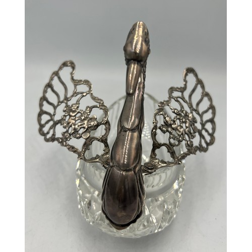 883 - A cut glass and continental .925 silver swan. 13cm l.