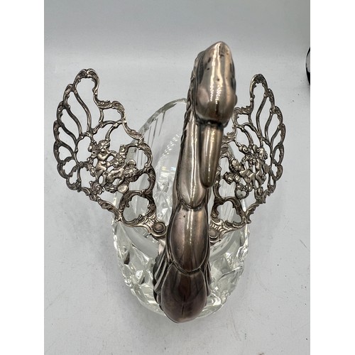 883 - A cut glass and continental .925 silver swan. 13cm l.