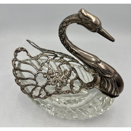 883 - A cut glass and continental .925 silver swan. 13cm l.