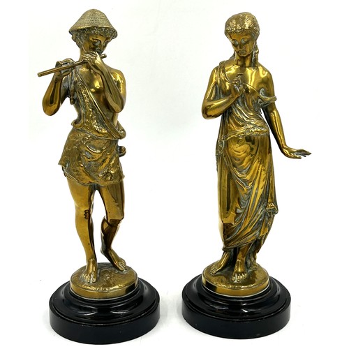 1079 - A pair of cast brass classical figures on circular marble plinths. 30.5cm h. Both signed 'Richard'.