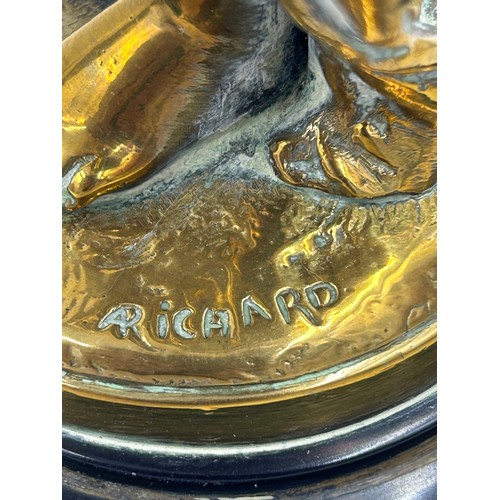 1079 - A pair of cast brass classical figures on circular marble plinths. 30.5cm h. Both signed 'Richard'.