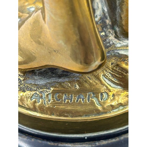 1079 - A pair of cast brass classical figures on circular marble plinths. 30.5cm h. Both signed 'Richard'.