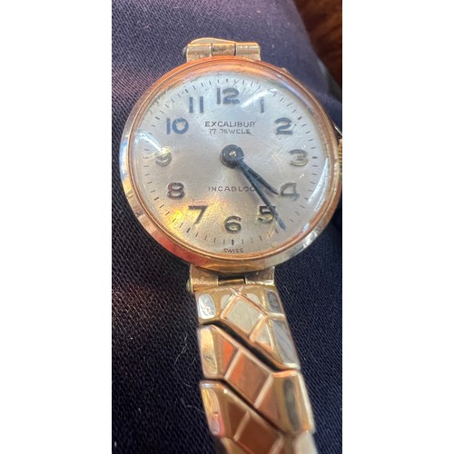 751 - A 9 carat gold Excalibur Incabloc ladies wristwatch on rolled gold expanding strap.