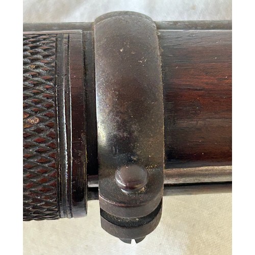 989 - A .577” prize 3 band Enfield percussion rifle by J.W. Edge, dark walnut fullstock with deeply cheque... 