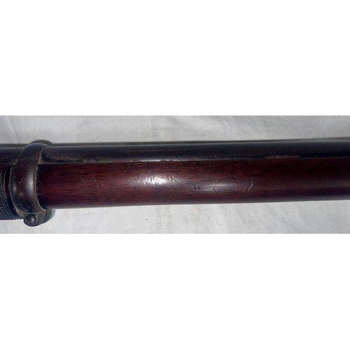 989 - A .577” prize 3 band Enfield percussion rifle by J.W. Edge, dark walnut fullstock with deeply cheque... 