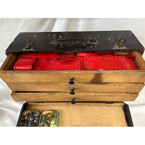 1318 - Collection of vintage Meccano housed in a wooden case with internal drawers. Case 51cm x 19cm x 35cm... 