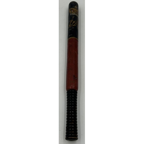 1337 - A Victorian police hardwood truncheon with painted Victorian Crown, lettering 'V R', and turned hand... 