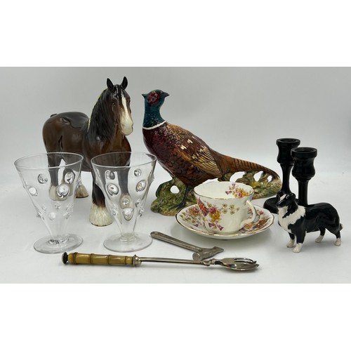 1339 - Various vintage items comprising Beswick: pheasant 19cm h, shire horse, sheep dog 7cm h,  a pair of ... 