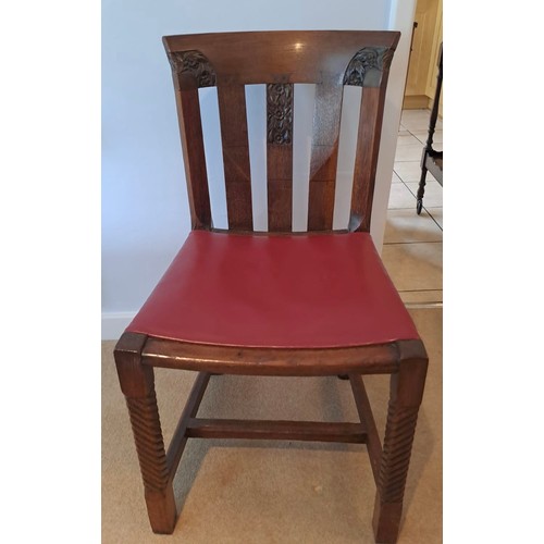 103 - An early 20thC Arts and crafts style dining table with eight chairs. 76cm h x 168cm l (closed) 260cm... 