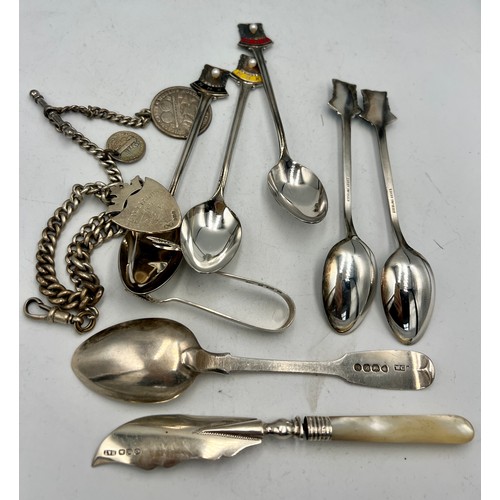 909 - Silver to include sterling silver and enamel NHK spoons x 5, sugar tongs, butter knife, watch chain ... 