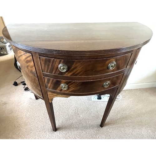 99 - A 20thC mahogany Demi lune sideboard, signed R. Armstrong to top of drawer. 97cm w x 49.5cmk d x 80c... 