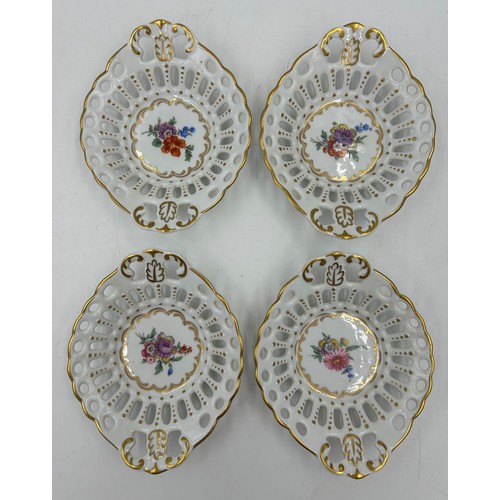 316 - A set of four Gerold-Tettau porcelain cut out dishes printed and painted with sprays of flowers and ... 