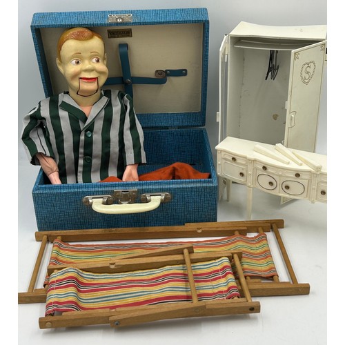 1315 - Various vintage toys to include a ventriloquist's dummy, two  miniature deckchairs doll or bear size... 