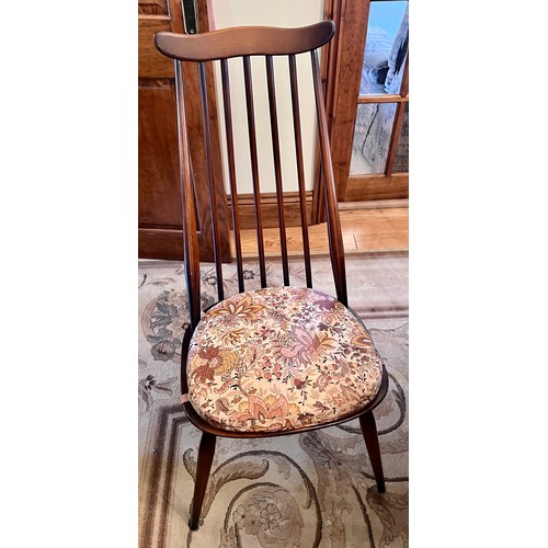 108 - Ercol drawer leaf dining table with eight Ercol chairs, six and two. One chair with blue label, two ... 