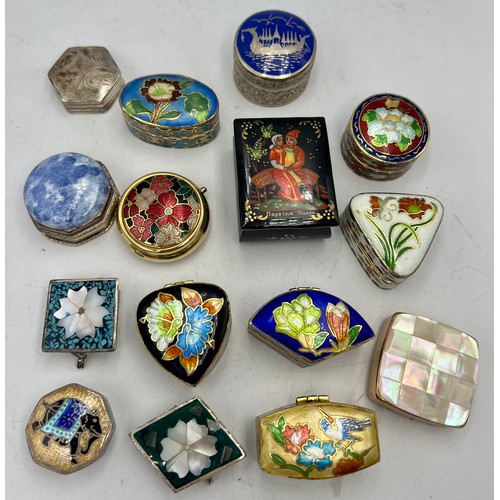 1341 - A collection of 15 various enamel, silver and lacquer pill boxes. (15)