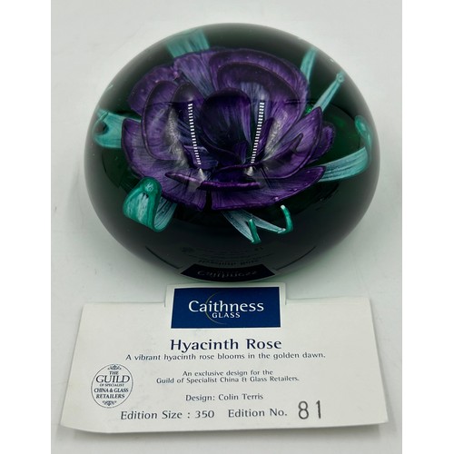 479 - Three Caithness glass limited edition paperweights designed by Colin Terris :  Pagoda Orchid 153/250... 