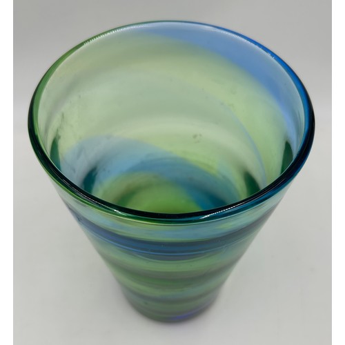 478 - A Victorian glass dump 10cm h together with a blue and green glass vase in the style of Whitefriars ... 