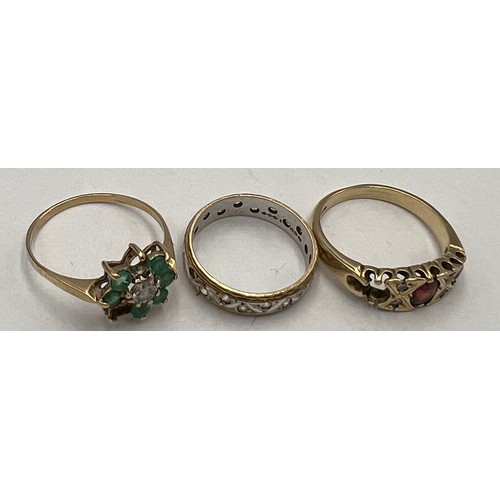 665 - Three 9 carat gold rings, all lacking stones. Total weight 6.9gm.