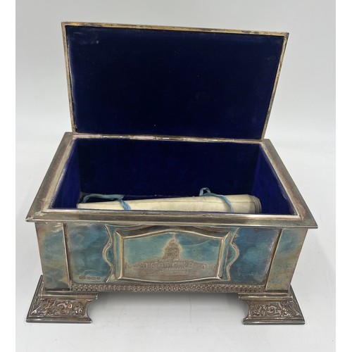 917 - Hallmarked silver casket Sheffield 1931. Maker Walker and Hall, together with commemoration certific... 