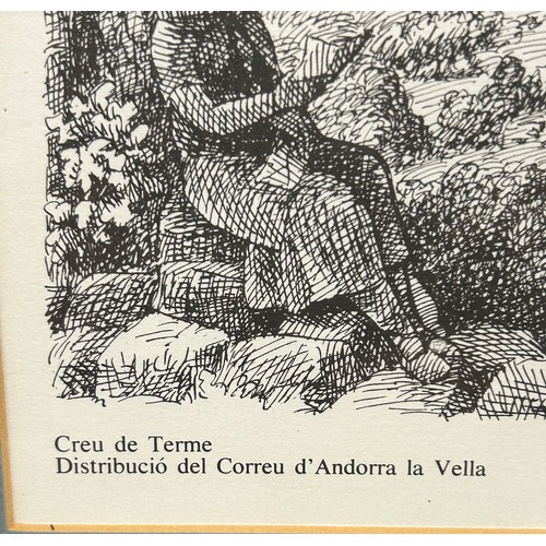 1481 - Three works of art by Andorran artist Sergi Mas (1930-) to include an original pen and ink study of ... 