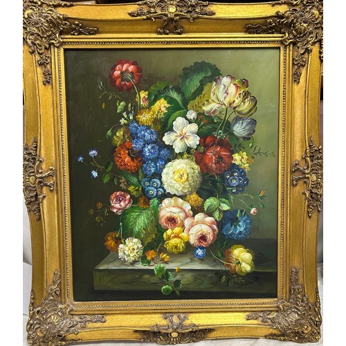 1477 - Still life of flowers in a vase on a marble ledge, oil on canvas, gilt frame. Sight size 59.5cm x 50... 