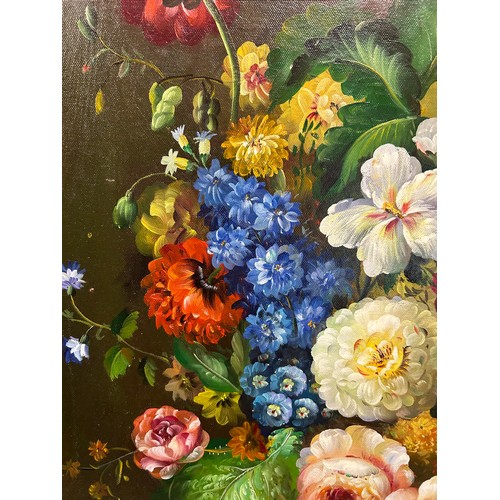 1477 - Still life of flowers in a vase on a marble ledge, oil on canvas, gilt frame. Sight size 59.5cm x 50... 