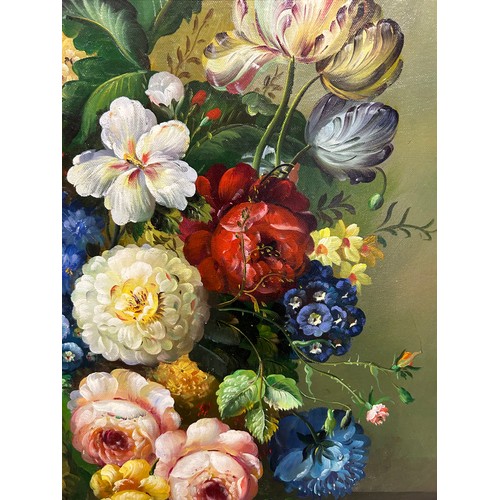 1477 - Still life of flowers in a vase on a marble ledge, oil on canvas, gilt frame. Sight size 59.5cm x 50... 