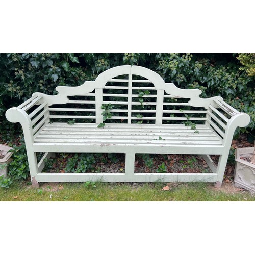 6 - A heavy wooden painted Lutyens style garden bench. 198cm l x 105cm h x 54cm d.