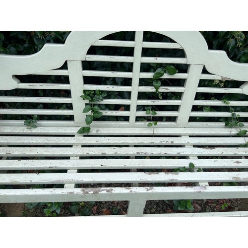 6 - A heavy wooden painted Lutyens style garden bench. 198cm l x 105cm h x 54cm d.