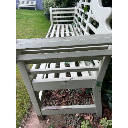 6 - A heavy wooden painted Lutyens style garden bench. 198cm l x 105cm h x 54cm d.