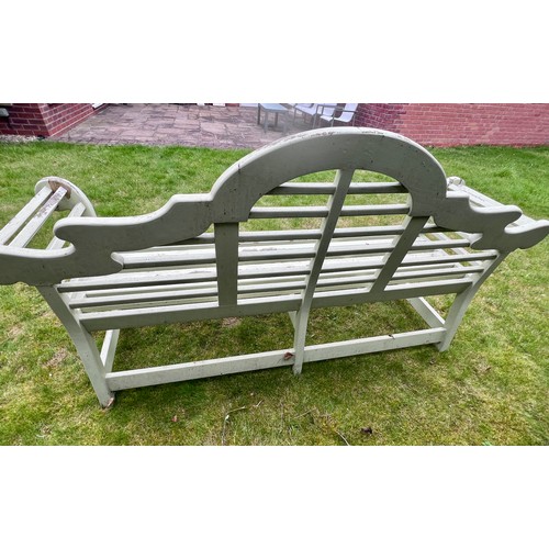 6 - A heavy wooden painted Lutyens style garden bench. 198cm l x 105cm h x 54cm d.