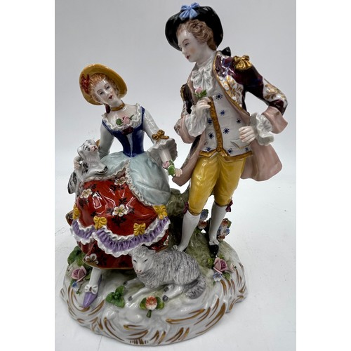 331 - Continental 19thC porcelain to include  two Sitzendorf figure groups tallest with sheep 18cm togethe... 