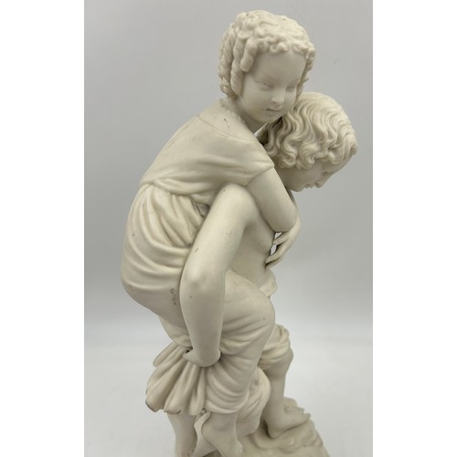 334 - English 19thc ceramics to include a 19thC Parian figure of a boy with a girl upon his back on a rock... 