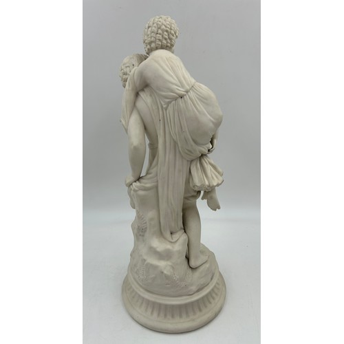 334 - English 19thc ceramics to include a 19thC Parian figure of a boy with a girl upon his back on a rock... 