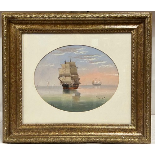 1493 - E. K. Redmore, oil on board depicting sailing boats near shore in calm waters. Oval image size 31 x ... 