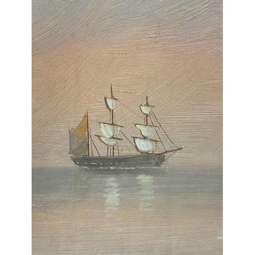 1493 - E. K. Redmore, oil on board depicting sailing boats near shore in calm waters. Oval image size 31 x ... 