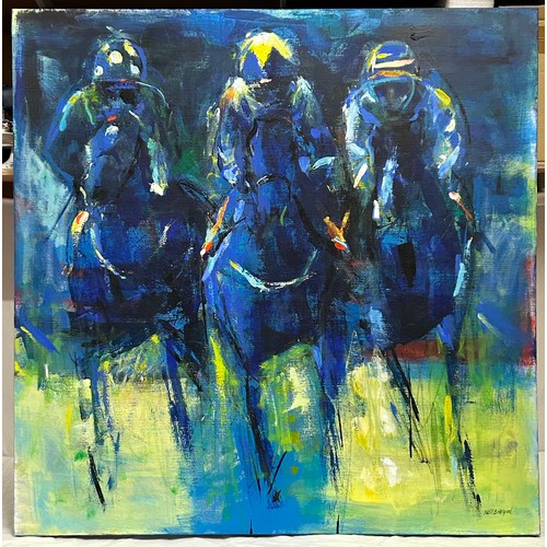 1496 - Neil B. Helyard, (b.1951) Beverley artist. Horse Racing in blue, mixed media on canvas. 91 x 91 cm.