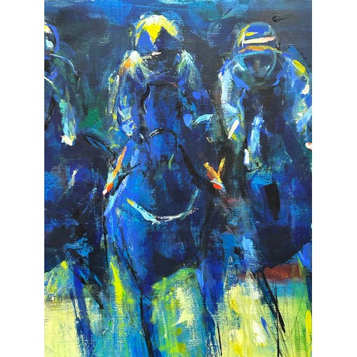 1496 - Neil B. Helyard, (b.1951) Beverley artist. Horse Racing in blue, mixed media on canvas. 91 x 91 cm.