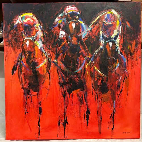 1497 - Neil B. Helyard, (b.1951) Beverley artist. Horse Racing in red, mixed media on canvas. 90 x 90 cm.