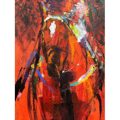 1497 - Neil B. Helyard, (b.1951) Beverley artist. Horse Racing in red, mixed media on canvas. 90 x 90 cm.