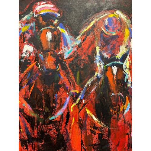 1497 - Neil B. Helyard, (b.1951) Beverley artist. Horse Racing in red, mixed media on canvas. 90 x 90 cm.