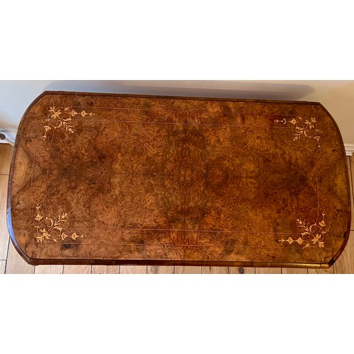 123 - A 19thC burr walnut fold over card table on ceramic castors with baize lined interior. 72cm h x 96cm... 