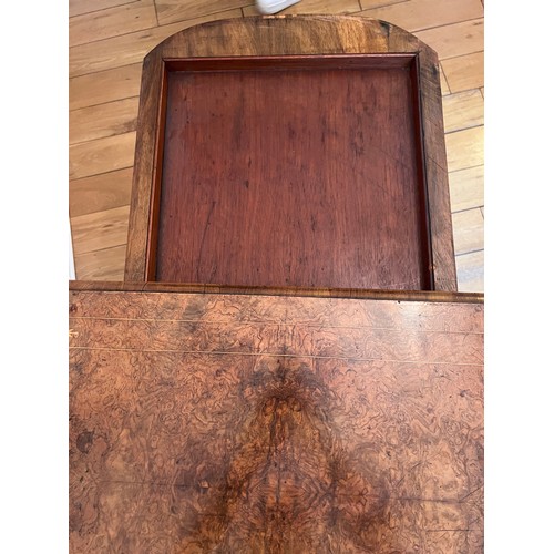 123 - A 19thC burr walnut fold over card table on ceramic castors with baize lined interior. 72cm h x 96cm... 