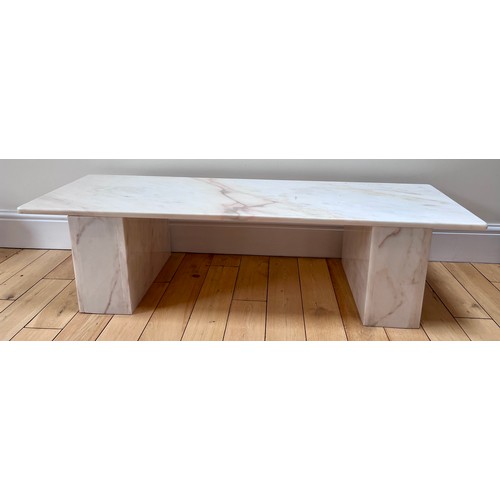 128 - White marble side table. Top removes. 137cm w x 46cm d x 35cm h.