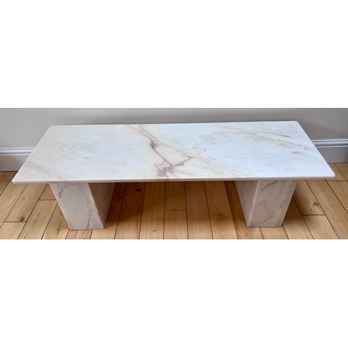 128 - White marble side table. Top removes. 137cm w x 46cm d x 35cm h.