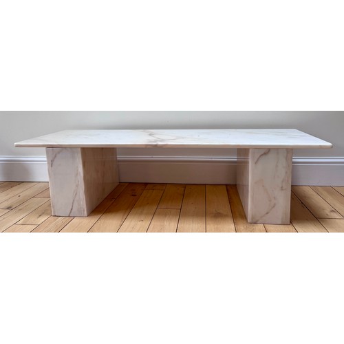 128 - White marble side table. Top removes. 137cm w x 46cm d x 35cm h.